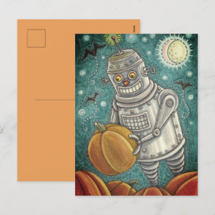 ROBOT PICKING PUMPKINS , HALLOWEEN MECHANICAL MAN HOLIDAY POSTCARD