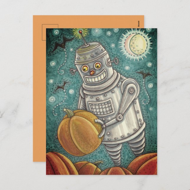 ROBOT PICKING PUMPKINS , HALLOWEEN MECHANICAL MAN HOLIDAY POSTCARD (Front/Back)