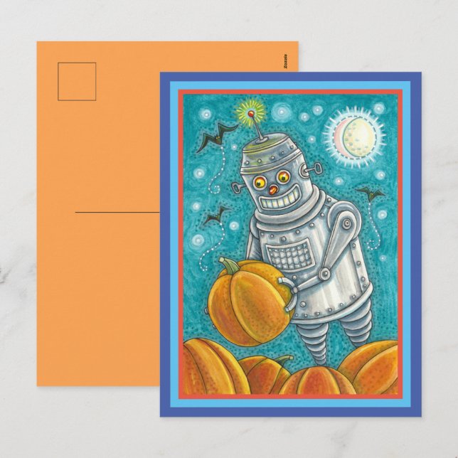 ROBOT PICKING PUMPKINS , HALLOWEEN MECHANICAL MAN  HOLIDAY POSTCARD (Front/Back)