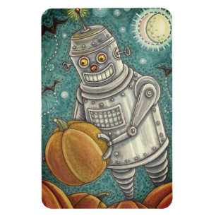ROBOT PICKING PUMPKINS , HALLOWEEN MECHANICAL MAN MAGNET