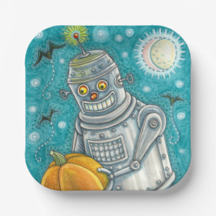 ROBOT PICKING PUMPKINS , HALLOWEEN MECHANICAL MAN PAPER PLATE