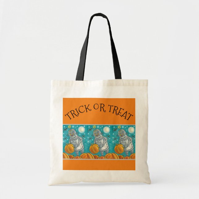 ROBOT PICKING PUMPKINS, HALLOWEEN MECHANICAL MAN TOTE BAG (Front)