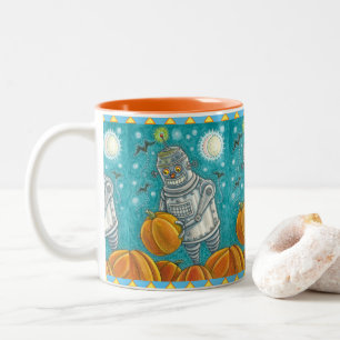 ROBOT PICKING PUMPKINS , HALLOWEEN MECHANICAL MAN Two-Tone COFFEE MUG