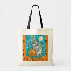 ROBOT PICKING PUMPKINS, HALLOWEEN TRICK OR TREAT TOTE BAG