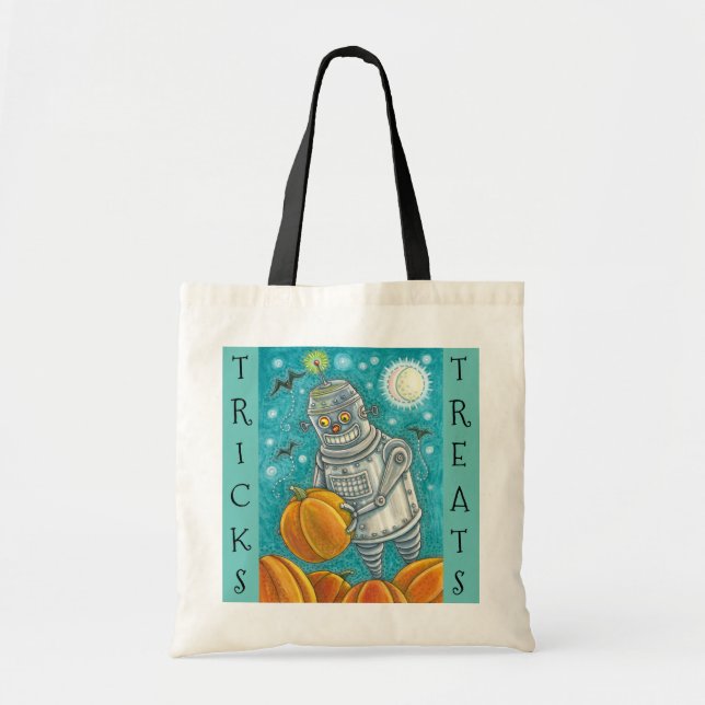 ROBOT PICKING PUMPKINS, HALLOWEEN TRICK OR TREAT TOTE BAG (Front)