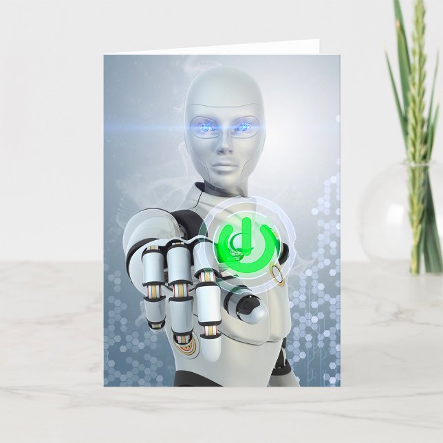 Robot Pushing Power Button Sci-Fi Greeting Cards (Creator Uploaded)