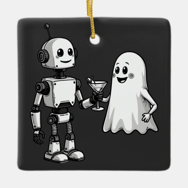 Robot Shaking Ghost Spooky Halloween Rebotic  Ceramic Ornament (Front)