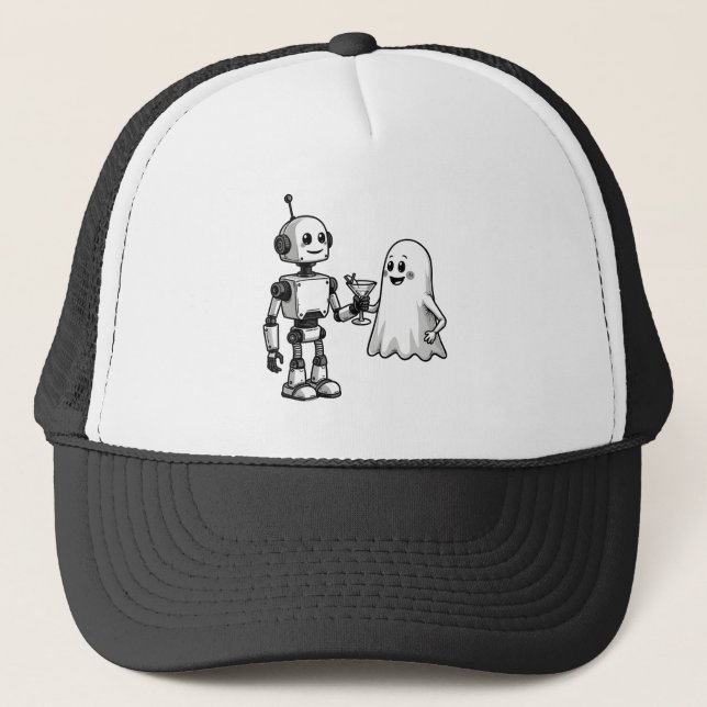 Robot Shaking Ghost Spooky Halloween Rebotic  Trucker Hat (Front)
