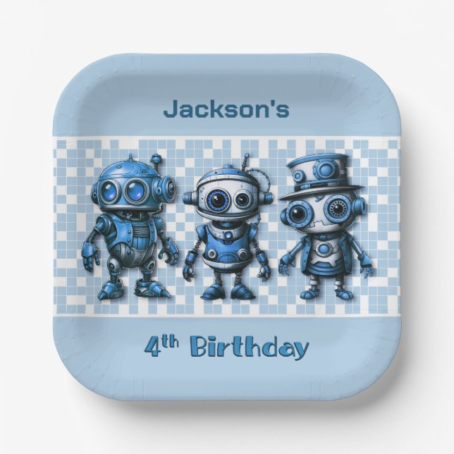 Robot Theme 4th Birthday Party Plates (Front)