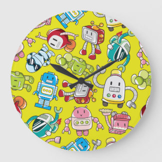 Robot Theme: Colourful Seamless Pattern. Large Clock