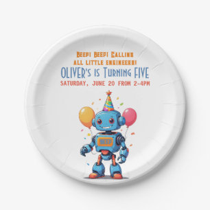robot theme with balloons watercolor paper plate