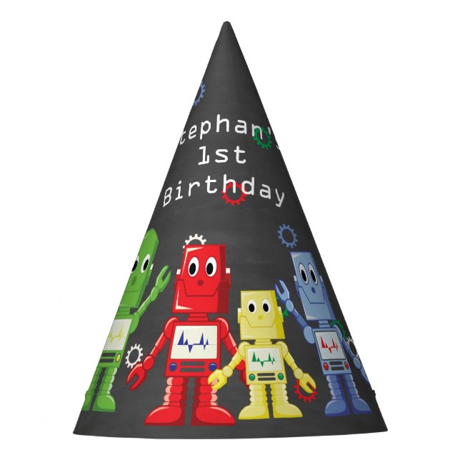 Robot themed birthday party hats (Front)