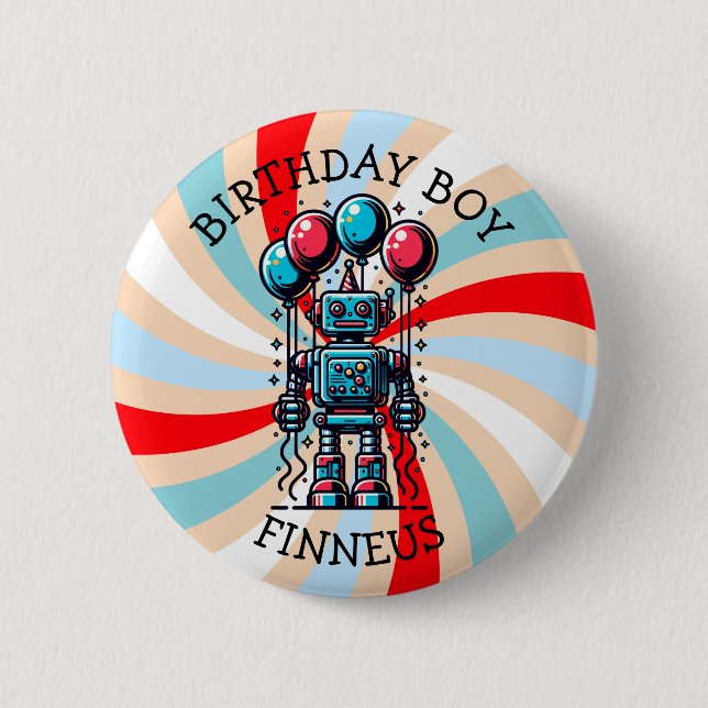 Robot Themed Boy's Happy Birthday Boy 6 Cm Round Badge (Front)