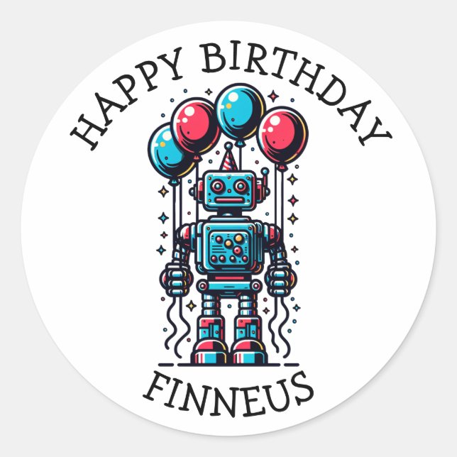Robot Themed Boy's Happy Birthday Classic Round Sticker (Front)