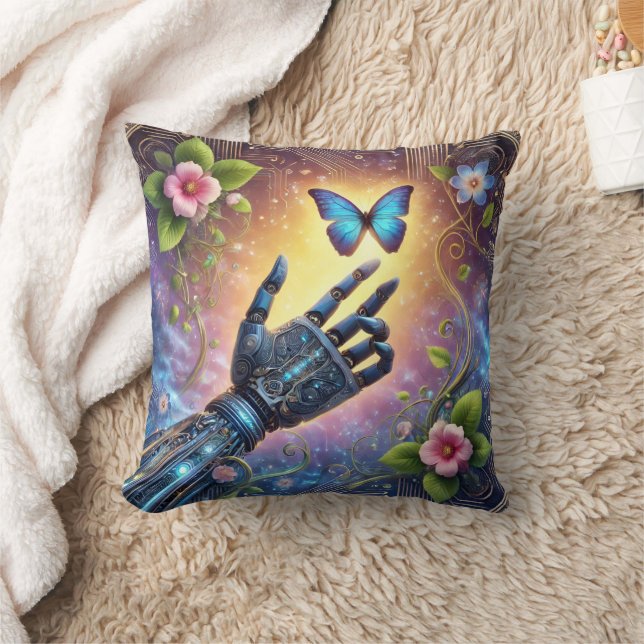 Robotic Hand & Butterfly AI Nature Harmony  Cushion (Blanket)