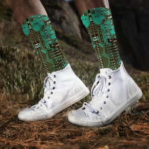   Robotic PCB Microchip Turquoise Geek Monogrammed Socks