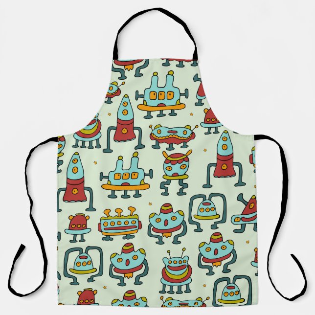 Robots Aliens Vintage Pattern Illustration Apron (Front)