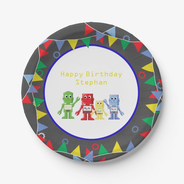 Robots Birthday party Paper plates Personalised (Front)