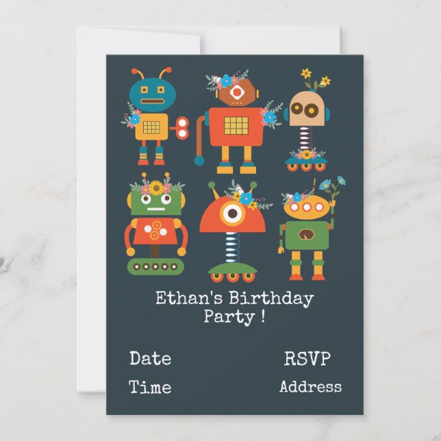 Robots boys cute birthday party invitation (Front)