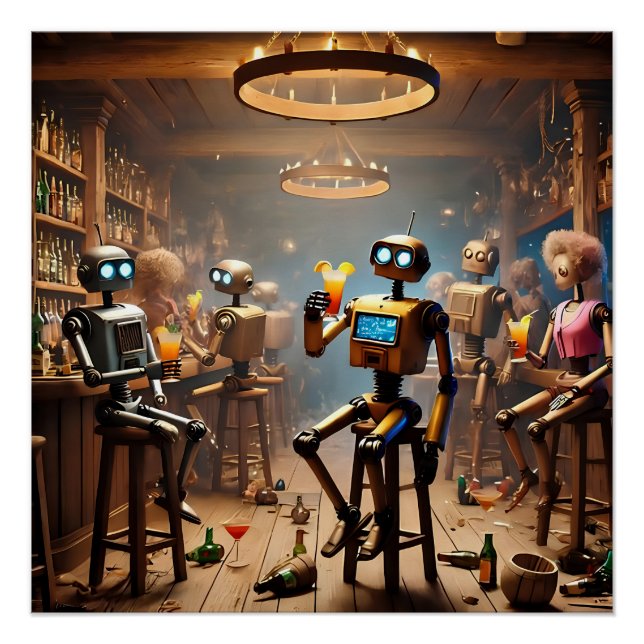 robots having fun in a bar poster (Front)