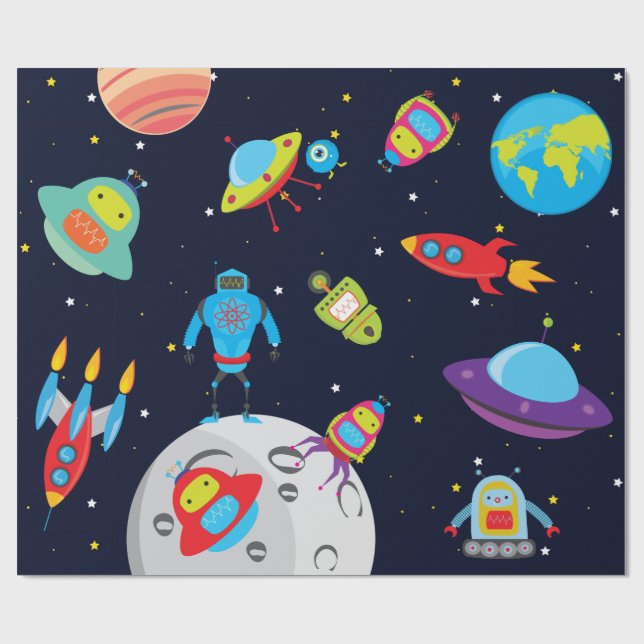 Robots in Outer Space (Large Image) Wrapping Paper (Flat)