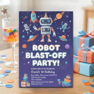 Robots in Space 1st Birthday Party Invitation
