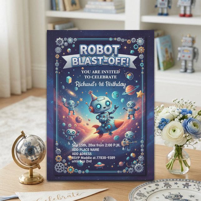 Robots in Space 1st Birthday Party Invitation (Creator Uploaded)