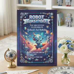 Robots in Space 3rd Birthday Party Invitation