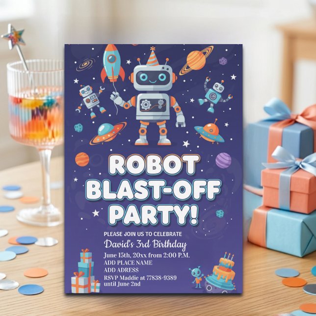 Robots in Space 3rd Birthday Party Invitation (Creator Uploaded)