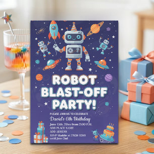 Robots in Space 6th Birthday Party Invitation