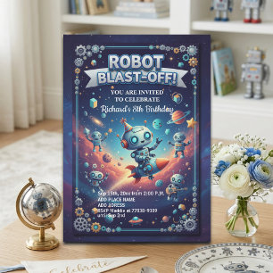 Robots in Space 8th Birthday Party Invitation