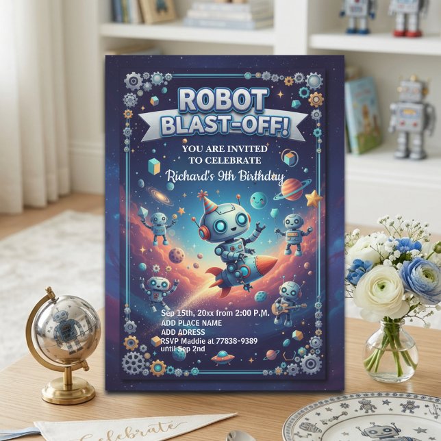 Robots in Space 9th Birthday Party Invitation (Creator Uploaded)