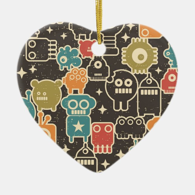 Robots on brown ceramic tree decoration (Front)