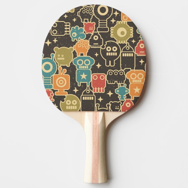 Robots on brown ping pong paddle (Front)