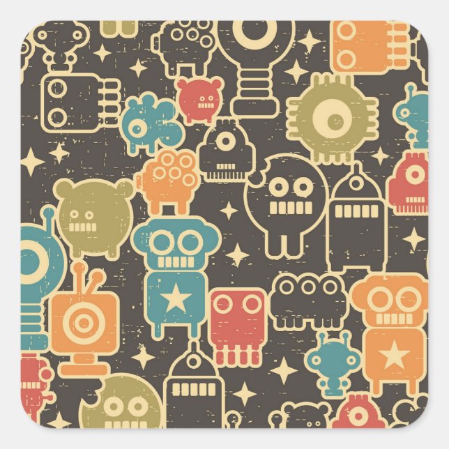 Robots on brown square sticker (Front)