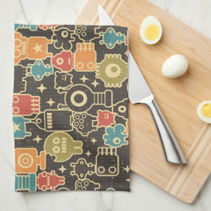 Robots on brown tea towel
