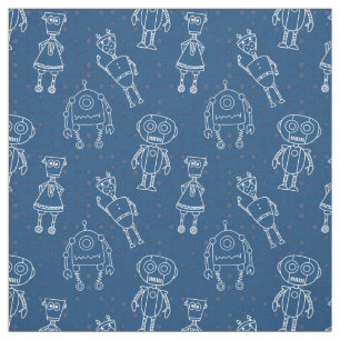 Robots on classic  blue fabric