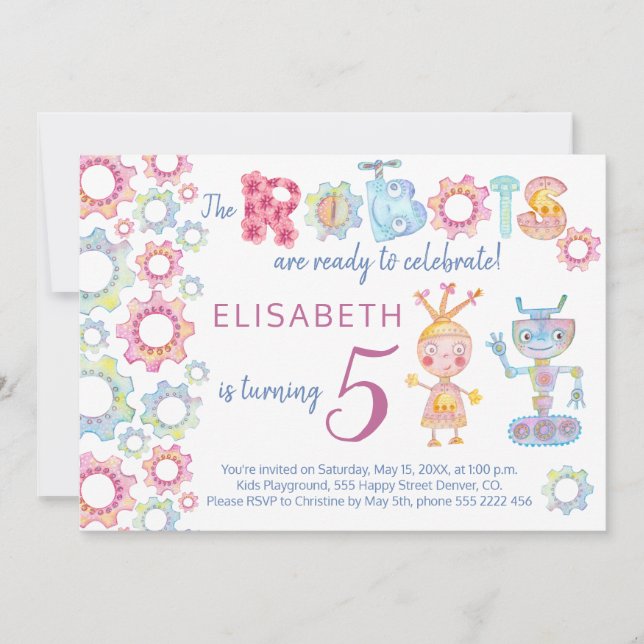 Robots themed birthday kids party cute invitation (Front)