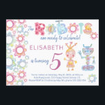 Robots themed birthday kids party cute invitation<br><div class="desc">Watercolor pastel pink,  blue and orange robots and gears with funny colourful typography script making a pretty small children birthday party personalised invite card. Suitable for both boys and girls.</div>
