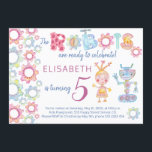 Robots themed birthday kids party cute invitation<br><div class="desc">Watercolor pastel pink,  blue and orange robots and gears with funny colourful typography script making a pretty small children birthday party personalised invite card. Suitable for both boys and girls.</div>