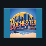 Rochester City Skyline New York USA Holiday Postcard<br><div class="desc">Celebrate the charm and history of Rochester, New York, with this beautifully illustrated skyline poster. Designed in a nostalgic vintage travel style, this art print features iconic downtown architecture bathed in a vibrant sunset. The elegant framing and bold lettering evoke classic travel postcards, making it a perfect gift or decor...</div>