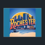 Rochester City Skyline New York USA Holiday Postcard<br><div class="desc">Celebrate the charm and history of Rochester, New York, with this beautifully illustrated skyline poster. Designed in a nostalgic vintage travel style, this art print features iconic downtown architecture bathed in a vibrant sunset. The elegant framing and bold lettering evoke classic travel postcards, making it a perfect gift or decor...</div>