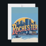 Rochester City Skyline New York USA Postcard<br><div class="desc">Celebrate the charm and history of Rochester, New York, with this beautifully illustrated skyline poster. Designed in a nostalgic vintage travel style, this art print features iconic downtown architecture bathed in a vibrant sunset. The elegant framing and bold lettering evoke classic travel postcards, making it a perfect gift or decor...</div>