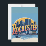 Rochester City Skyline New York USA Postcard<br><div class="desc">Celebrate the charm and history of Rochester, New York, with this beautifully illustrated skyline poster. Designed in a nostalgic vintage travel style, this art print features iconic downtown architecture bathed in a vibrant sunset. The elegant framing and bold lettering evoke classic travel postcards, making it a perfect gift or decor...</div>