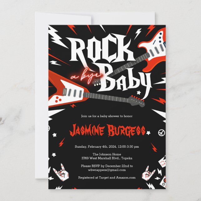 Rock a Bye Baby Shower Invitation, Guitar Invite (Front)