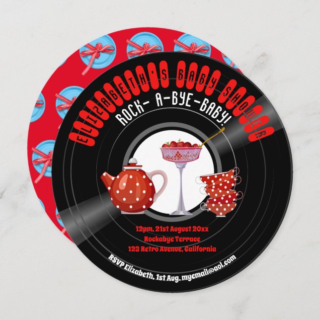Rock-A-Bye-BABY Shower Retro Record Tea Party Red Invitation (Front/Back)