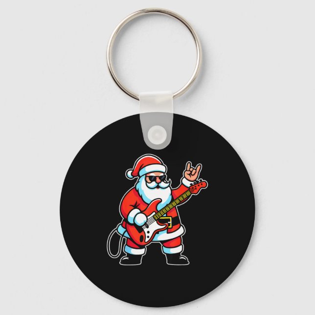 Rock &amp; Roll Christmas Santa Claus Guitar Playe Key Ring (Front)