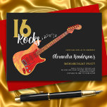 Rock and Roll 16th birthday party 16 rocks Invitation<br><div class="desc">16 Rocks 16th birthday party invitations with a cool electric guitar with Fire flame pattern and red pick guard guitar art and musical notes illustration with personalised black and gold modern calligraphy typography. This easy to use template creates the perfect personalised invitation to celebrate sixteen in rock n roll style...</div>