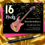 Rock and Roll 16th Birthday Party Pink Black Gold Foil Invitation Postcard<br><div class="desc">For the girl that loves to rock, cool rock guitar music themed 16th birthday party modern invitation. Rock and roll colourful electric guitar with gold glitter and musical note illustrations with personalised gold modern calligraphy typography on a black background. This easy to use template creates the perfect personalised invitation to...</div>