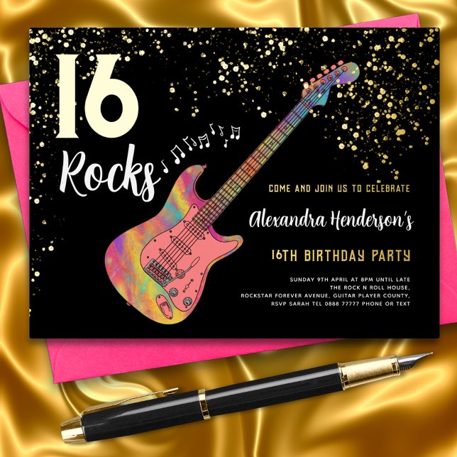 Rock and Roll 16th Birthday Party Pink Black Gold Foil Invitation Postcard (16 rocks cool guitar music black and gold glitter foil invitation postcard)